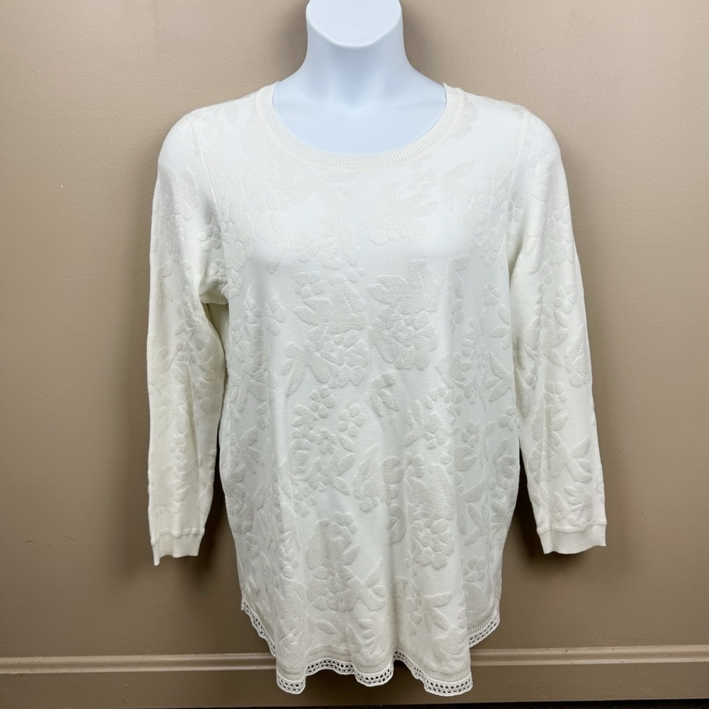 Avenue Off White Cream Floral Lightweight Crew Neck Plus Size Sweater